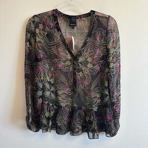 NWT Ella Moss Long Sleeve V-Neck Floral Silk Peplum Sheer Blouse Size XS
